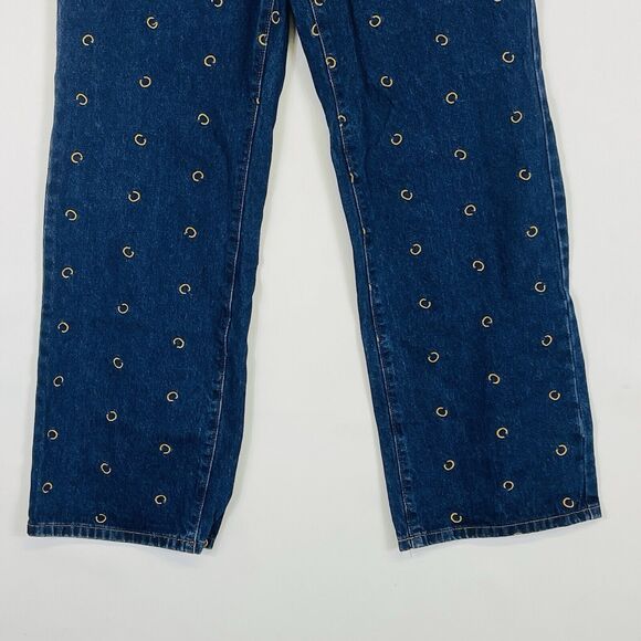 Cider Dark Wash "C" Scatter Logo Wide Leg Flare Denim Jeans Womens Large - Picture 3 of 13